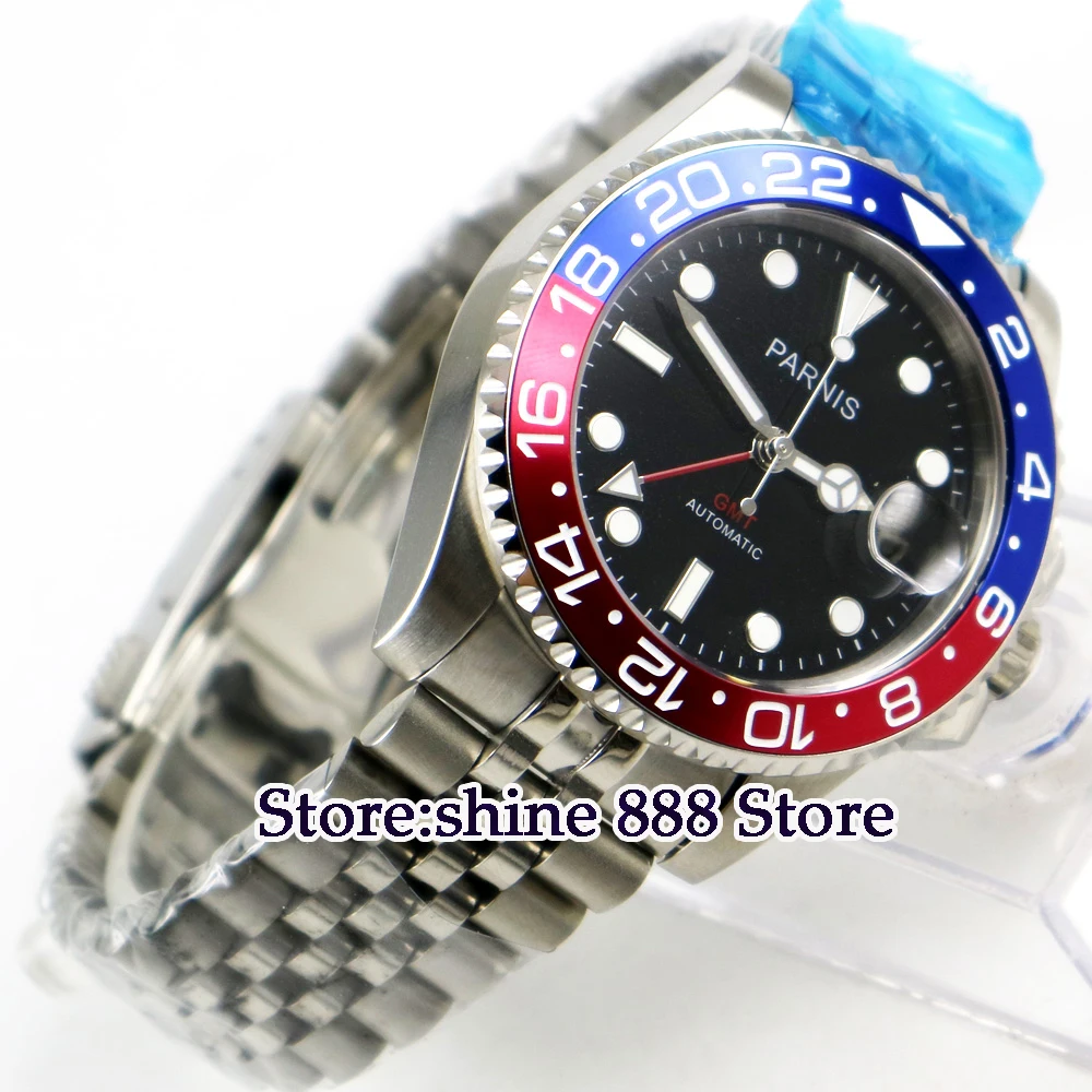 40 мм PARNIS черный циферблат Pepsi Безель сапфировое стекло ДАТА GMT автоматические мужские часы
