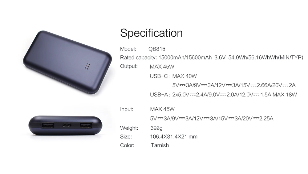 Xiao mi Z mi 15000 мАч USB-C внешний аккумулятор USB PD 2,0 Быстрая зарядка 3,0 с зарядным устройством USB type-C для ноутбука Macbook mi