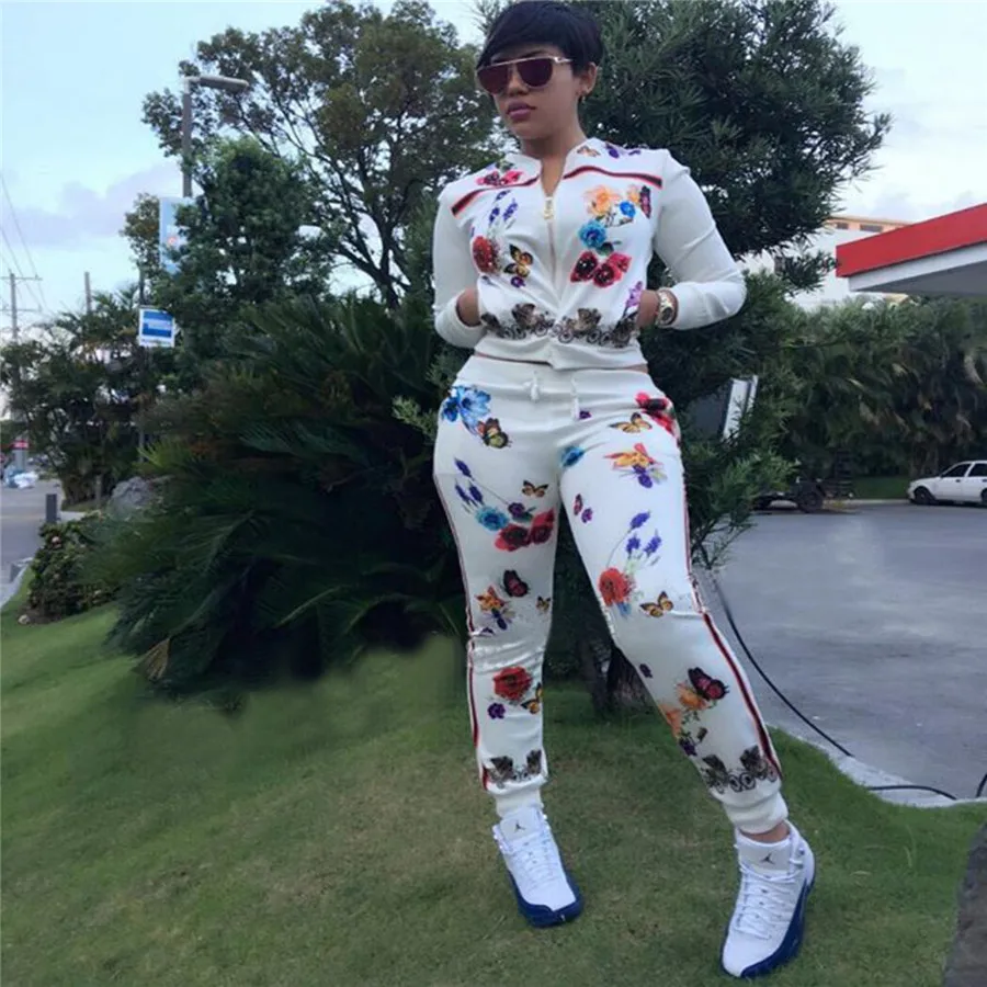 

2 TWO PIECE SET Print Butterfly Flower Tracksuit Runway Jacket Joggers Matching Pants Women Clothing Track Suits Winter Ensemble