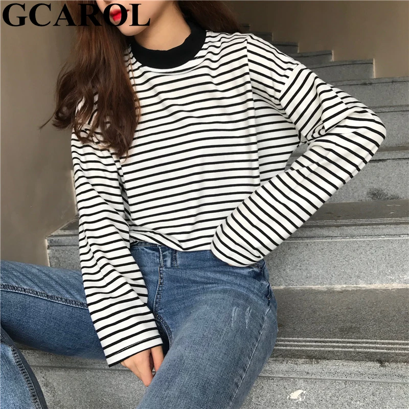 

GCAROL 2019 New Stand Collar Spliced Shirt Drop Shoulder Striped Tshirt Fall Winter Thin Streetwear Render Basic Tops