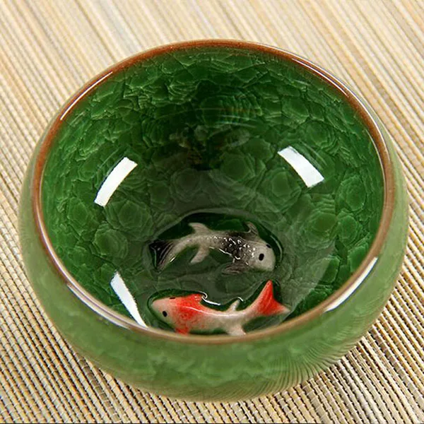 Ледяная трещина глазурь керамический чайный набор кунг-фу анаглиф Рыба чашка на одной чашки образец чашки чая - Цвет: Зеленый