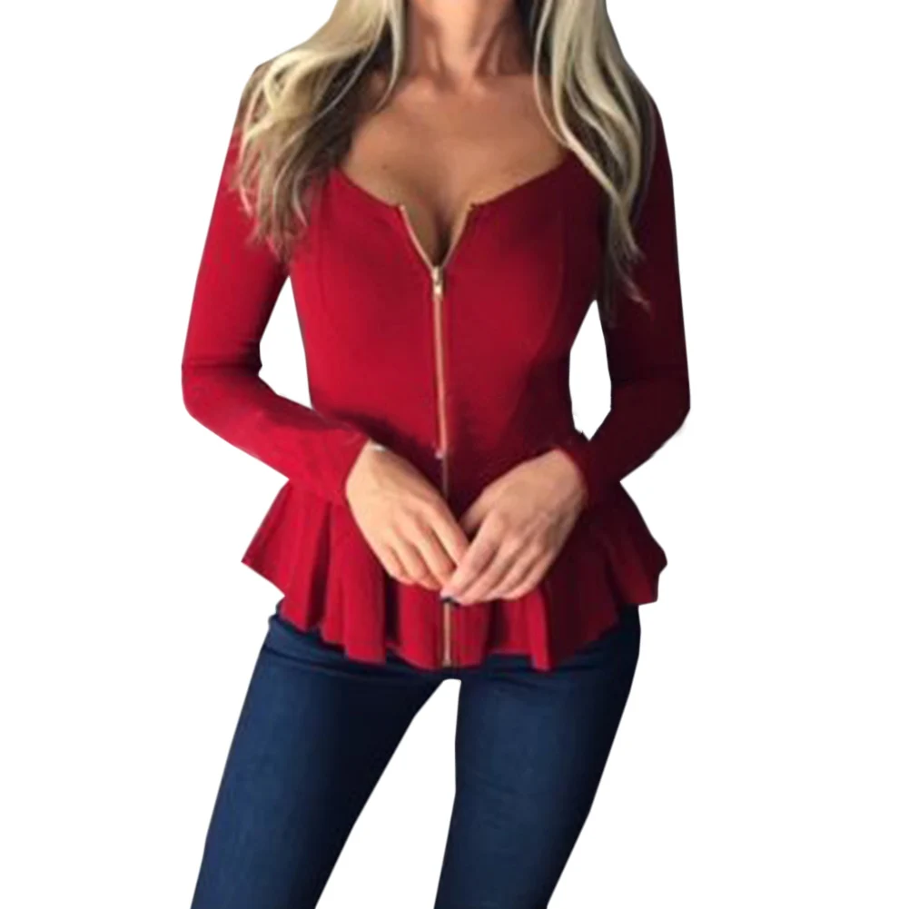 ENew Style Legant Solid Zipper V Neck Slim Ruffles Swing Women Top Women Long Sleeve Party Tops 