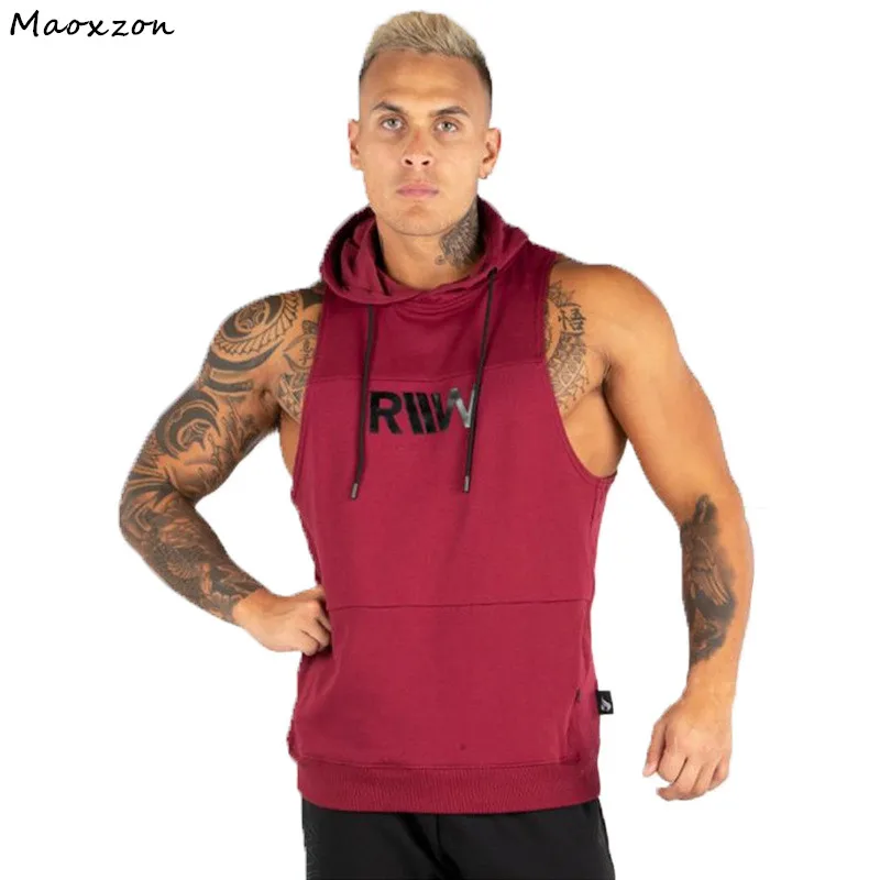 Maoxzon Men's Loose Muscle Fitness Hooded Tank Tops Male Pocket Casual