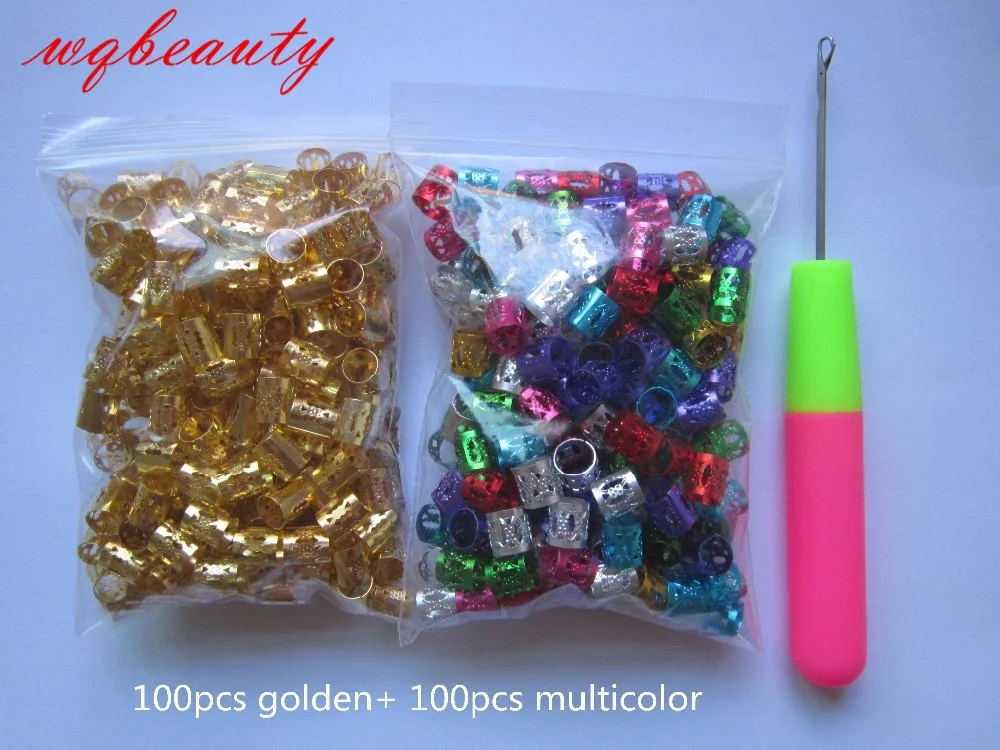 

200Pcs/Lot Golden Plated hair braid dread dreadlock beads diy adjustable cuff clip 8mm hole clip+ 1pcs free crochet needle tool