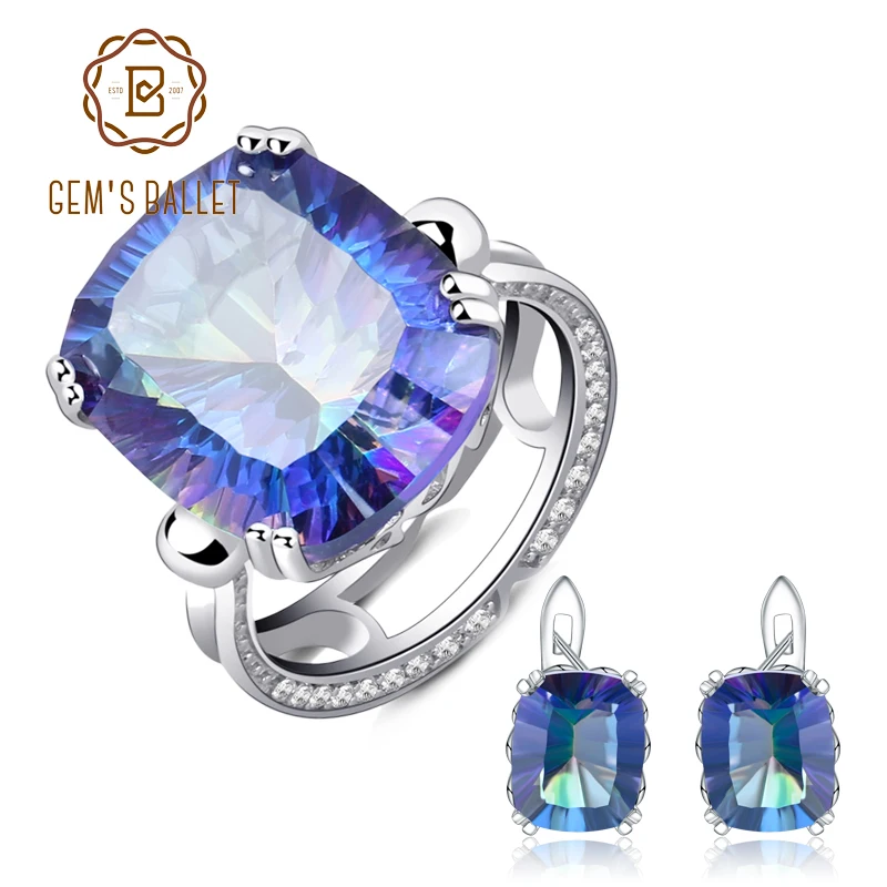 

GEM'S BALLET 10.12ct Natural Blueish Mystic Quartz Jewelry Set 925 Sterling Silver Earrings Ring Set Fine Jewelry For Women