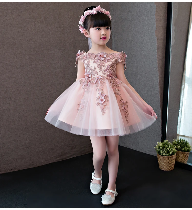 

Glizt Girls Shoulderless Flower Girl Wedding Dress Pink Lace Appliques Party Princess Birthday Dress First Communion Gown