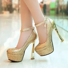 Spring/Autumn Sexy women leopard shoes fashion Round Toe Ankle Strap platform silver high heels large size 32-44
