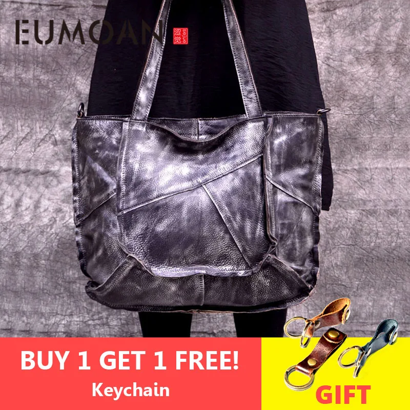 

EUMOAN genuine Leather handbags women first layer leather color retro irregular patchwork totes simple casual large shoulder bag