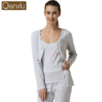 

2020 Spring Female Long sleeve V-neck Collar cardigan shirt +tank +pants 3-piece sets pajama sets Women cotton Sleepwear suit