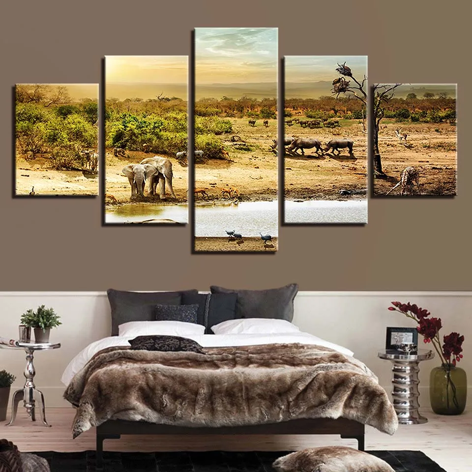 

5 Piece African Forest Elephants Pictures Modular Canvas Paintings Home Decor Wall Art Framework Living Room HD Printed Posters