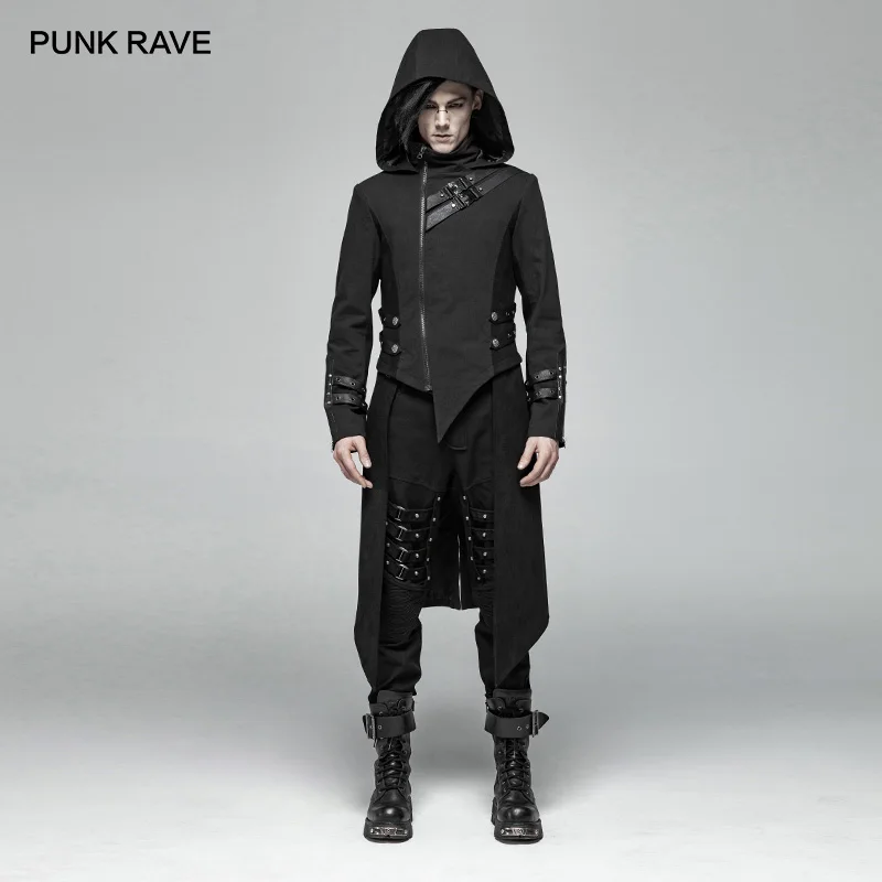 PUNK RAVE Mens Punk Jackets and Coats Mid length Split Hooded Jackets ...