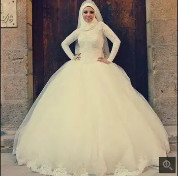 

2017 Free shipping ball gown long sleeve modest wedding dress spandex beaded appliques high neckline muslim women wedding gowns