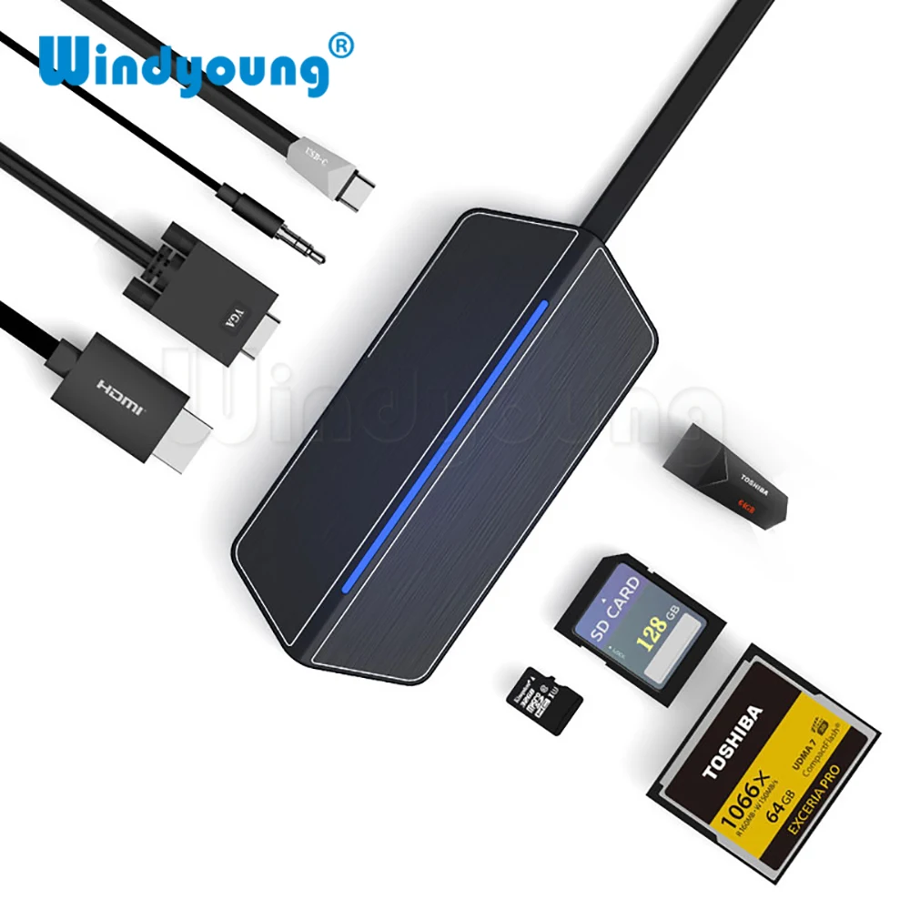 USB C HDMI концентратор 3 0 Тип адаптер USBC к VGA 5 мм аудио разъем CF SD TF кардридер слот для
