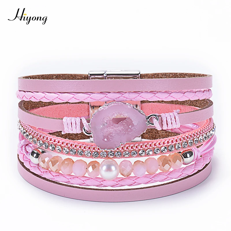 

HIYONG Boho 4 Colors Multiple Layer Leather Bracelet Crystal Druzy Stone Charm Wrap Bracelets For Women Magnetic Bangles Jewelry