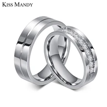KISS MANDY Stainless Steel Silver Zircon Rings Wedding Couple Ring For Lovers Bridal Engagement Jewelry Valentine