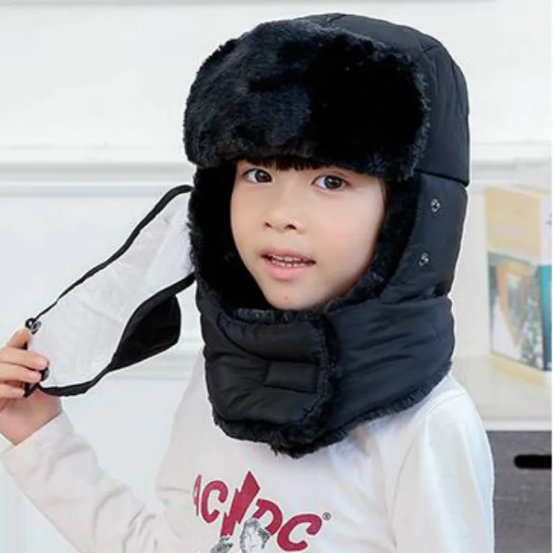 Leifeng/семейная шапка-бомбер унисекс с нагрудником и маской; зимняя шапка с ушками для мальчиков и девочек; Лыжная Шапка в русском стиле - Цвет: adult black