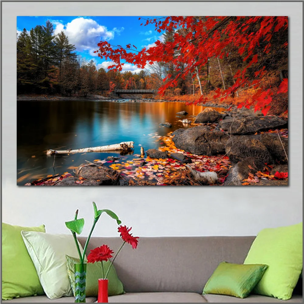 

Large size Printing Oil Painting foliage lake forest leaves wall art canvas print pictures for living room and bedroom No Frame