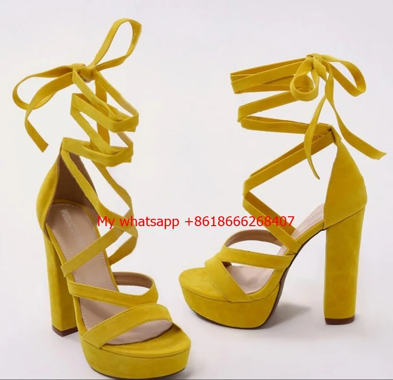 Stella на высоких каблуках со шнуровкой в желтый с переплетающейся шнуровкой босоножки на высоком каблуке Для женщин насосы тонкий каблук рюшами, Босоножки Летние модные туфли-лодочки