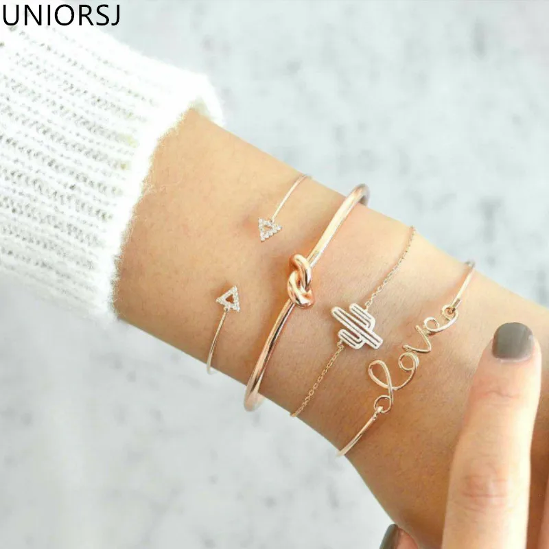 

4pcs/1set Gold Color Cactus Letter Knot Bracelet Bohemian Geometric Metal Chain Bracelet Fashion Jewelry Accessories