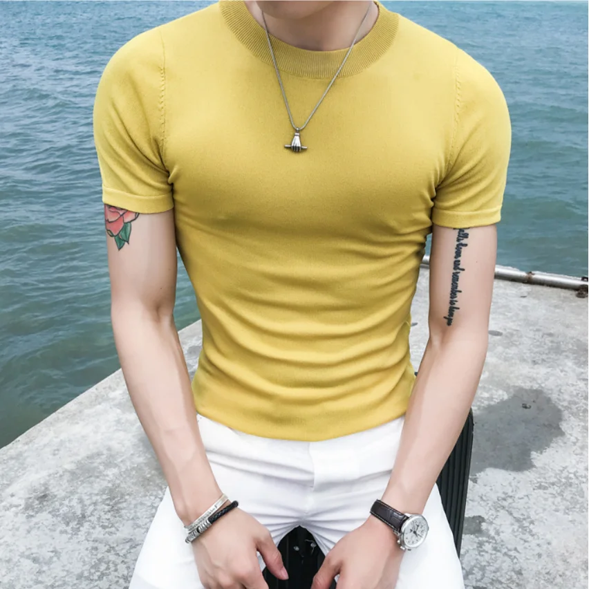 

2019 New style Fashion Men's summer High quality knit T-shirts/Male pure color round neck slim fit short sleeve T-shirts S-XXL