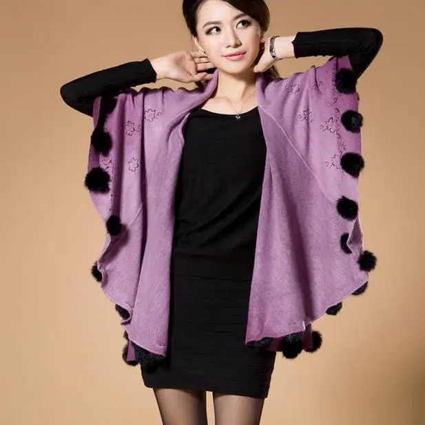 

Cardigans cardigans New winter cashmere wool cape real rabbit fur ball knitted shawl knit cardigan jacket women 12040