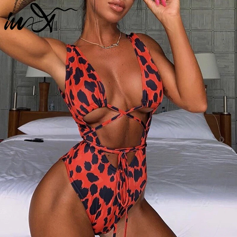 

In-X Sexy one piece swimsuit female String monokini Leopard print bikini 2019 Plus size swimwear women bodysuit Red bathing suit