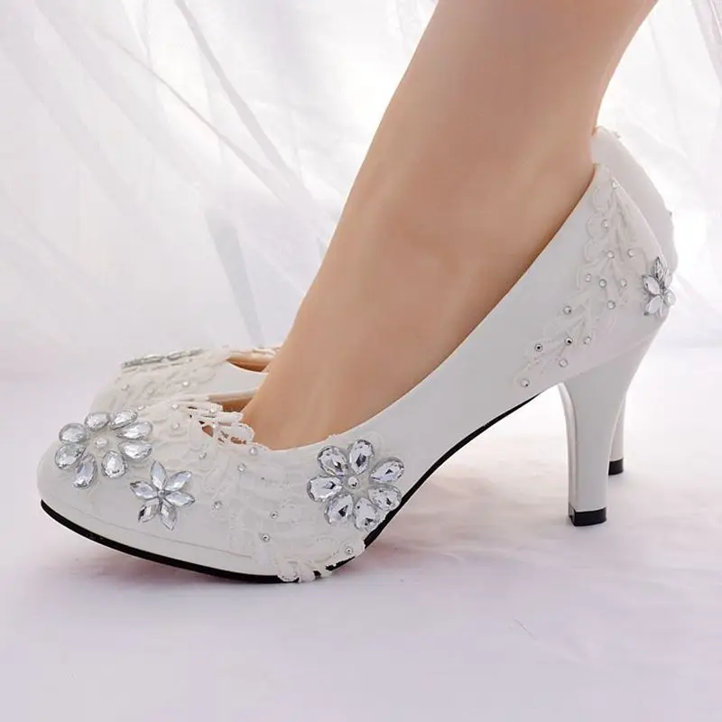 White lace wedding shoes bride platforms low high heel plus size 41 42 ...