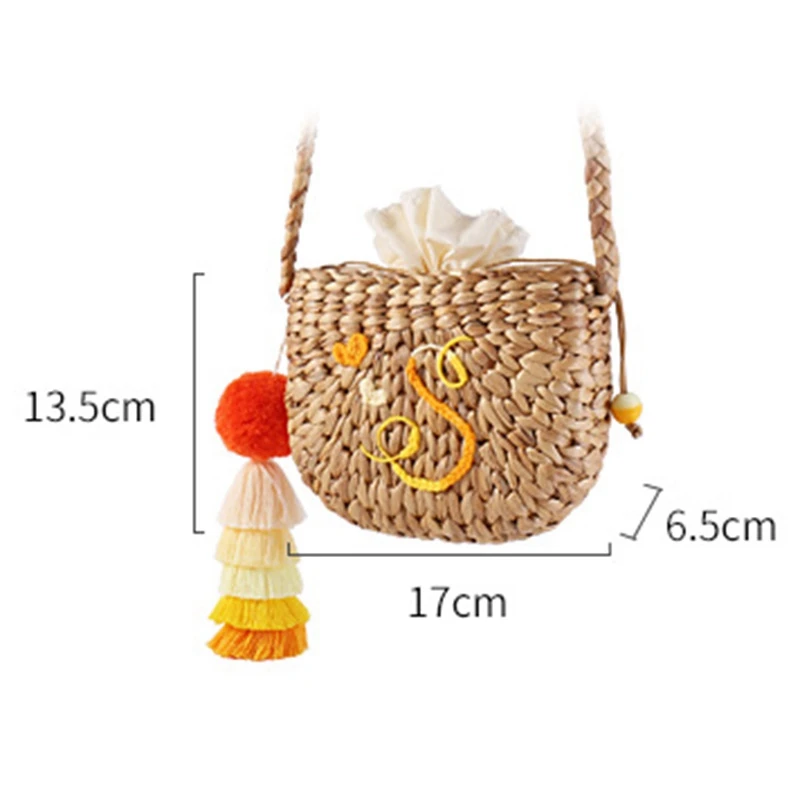 New Women Straw Handbag Vacation Handmade Beach Woven Bag Hair Ball Tassel Semi-Circular Tote Bag Seaside Tourism Holiday