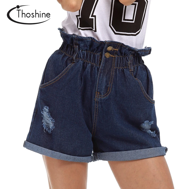 Thoshine брендовые летние Для женщин отверстие и манжеты Короткие джинсы эластичный пояс женский рваные джинсовые Короткие шорты женские