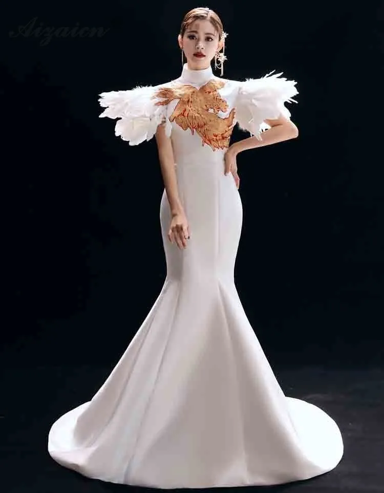 Модные Белые вышивка Cheongsam современном этапе Show Длинные платья Qi Pao Для женщин Китайский элегантное вечернее платье русалки Qipao