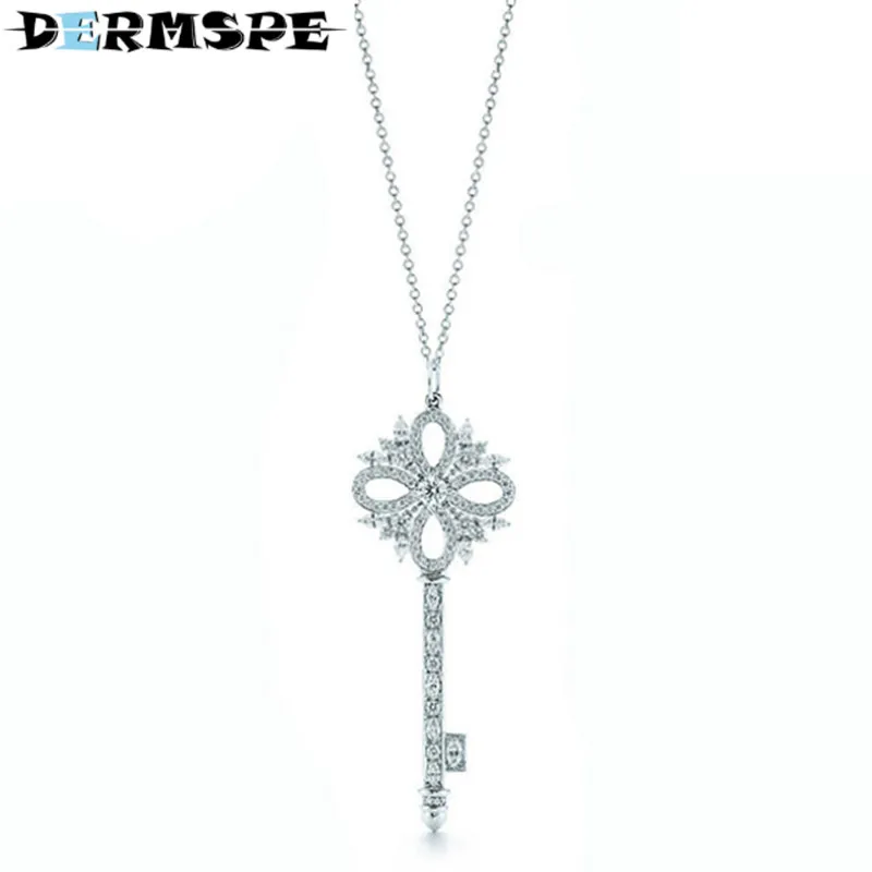 

DERMSPE TIFF 925 Sterling Silver New Stylish Temperament Hollow Elegant Key Necklace Lady Charm Key Clavicle Chain