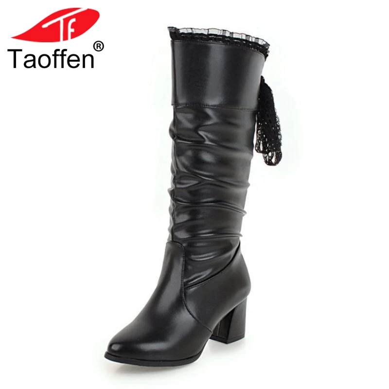 

TAOFFEN Size 33-43 High Heel Women Boots Mid Calf Lace Up Ruffles Winter Shoes Woman Half Short Warm Fur Boots Ladies Shoes