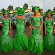 Abendkleider нигерийский Стиль Длинные Зеленые Вечерние платья Русалка Африканский Aso Ebi кружевные платья в официальном стиле Новое поступление на заказ