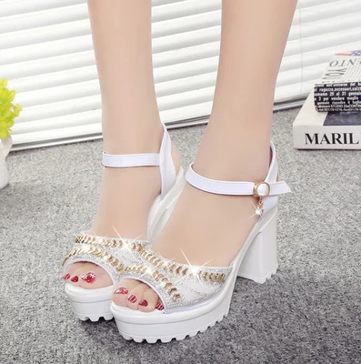

Free shipping summer new heavy-bottomed sandals slope with open-toed wild sequins diamond waterproof shoes