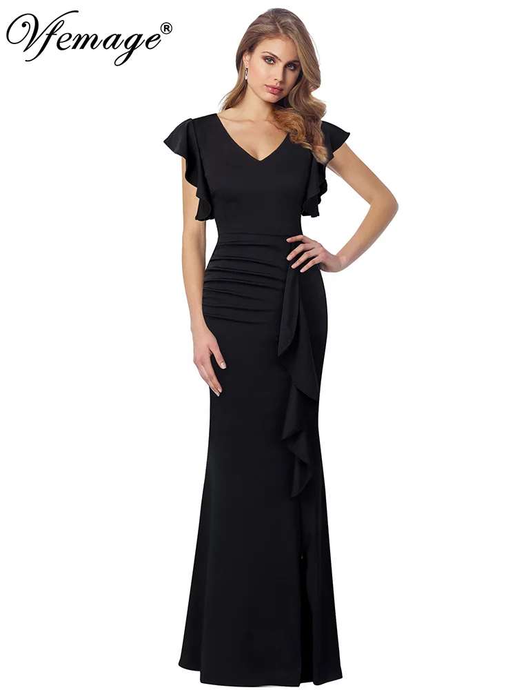 

Vfemage Womens Ruched Ruffle Frill Sleeves High Slit Formal Evening Prom Party Special Occasion Bodycon Mermaid Maxi Dress 2002