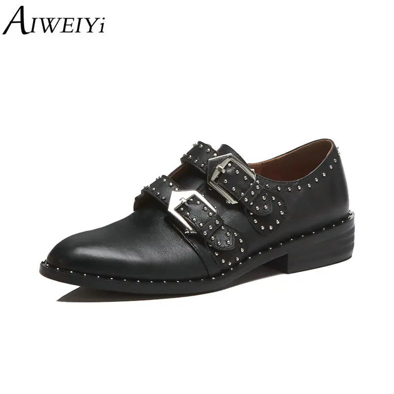 

AIWEIYi Women Oxford Shoes Black Genuine Leather Ankle Buckle Strap Platform Shoes Rivets Flats Shoes Comfortable Shoes Woman