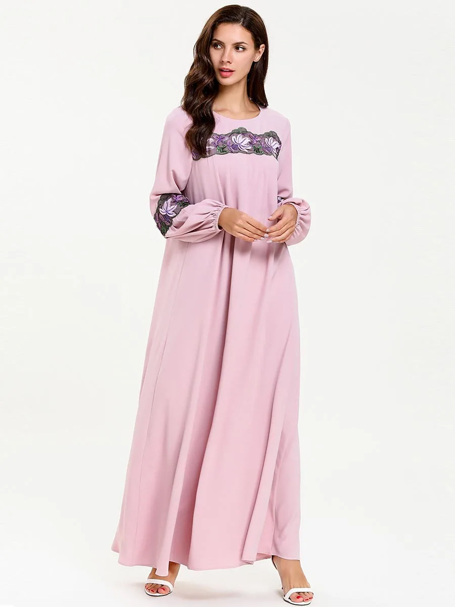 Женское мусульманское длинное платье с вышивкой Abaya Dubai зеленое розовое кафтан