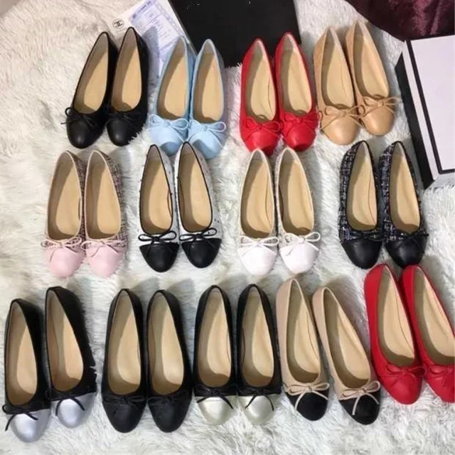 

2019 Shoes Woman Famous Designer Design Luxury Brand Color Leather Round Head Shallow Mouth Single Shoes Female Bow Flat Ballet Wild