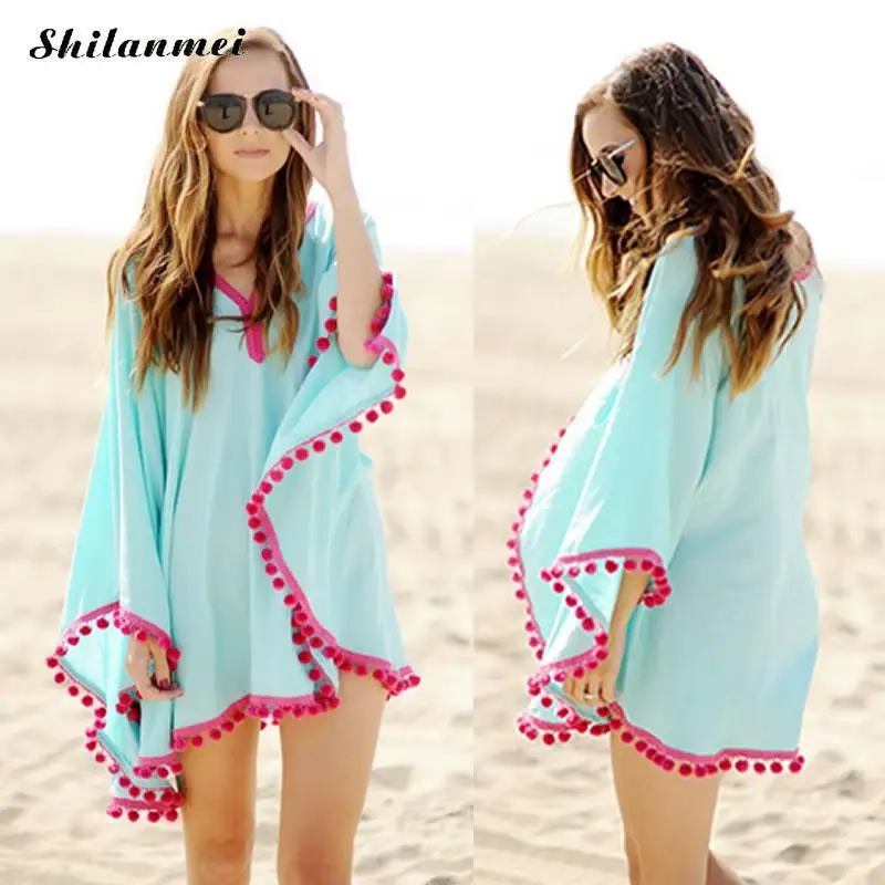 Image Swimming Cover Ups patchwork light blue vestidos pareo swim suit beach tunic dress for swimwear Miracle Tassel Beach Dress xl