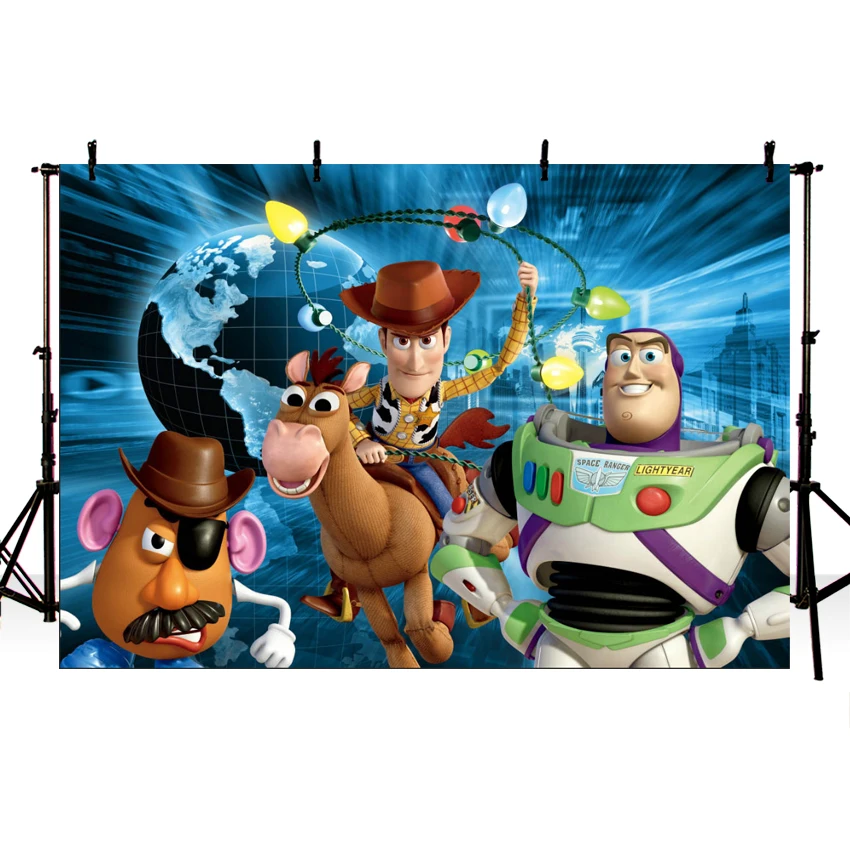 

Photography Backdrop Sheriff Woody Buzz Lightyear Potato Toy Story Light Blue Globe Photo Background Birthday Party Photocall