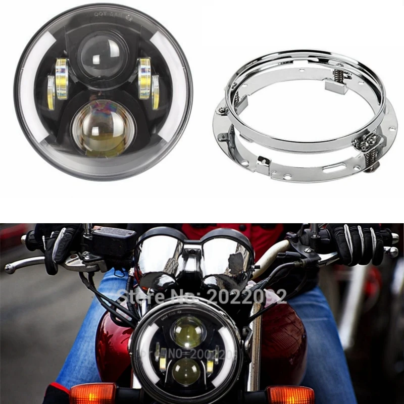 

7'' Inch Round LED Projection Headlight H4 H13 With 7" Silver Headlamp Mounting Bracket Ring for Motorcycle Bike