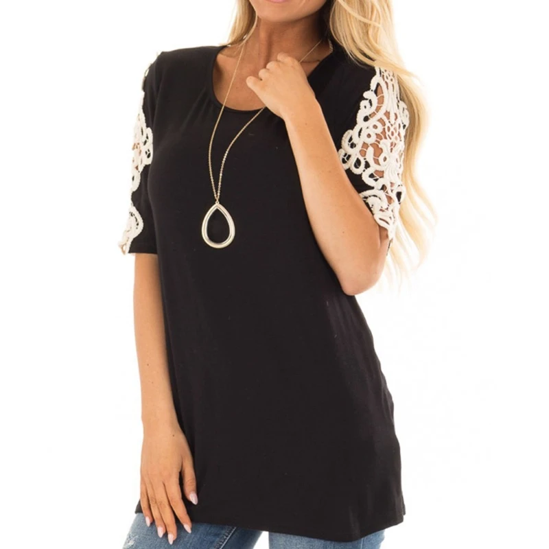 

KLV Womens Sexy O-Neck T-Shirt Cut Out Shoulder Tops Crochet Short Sleeve New