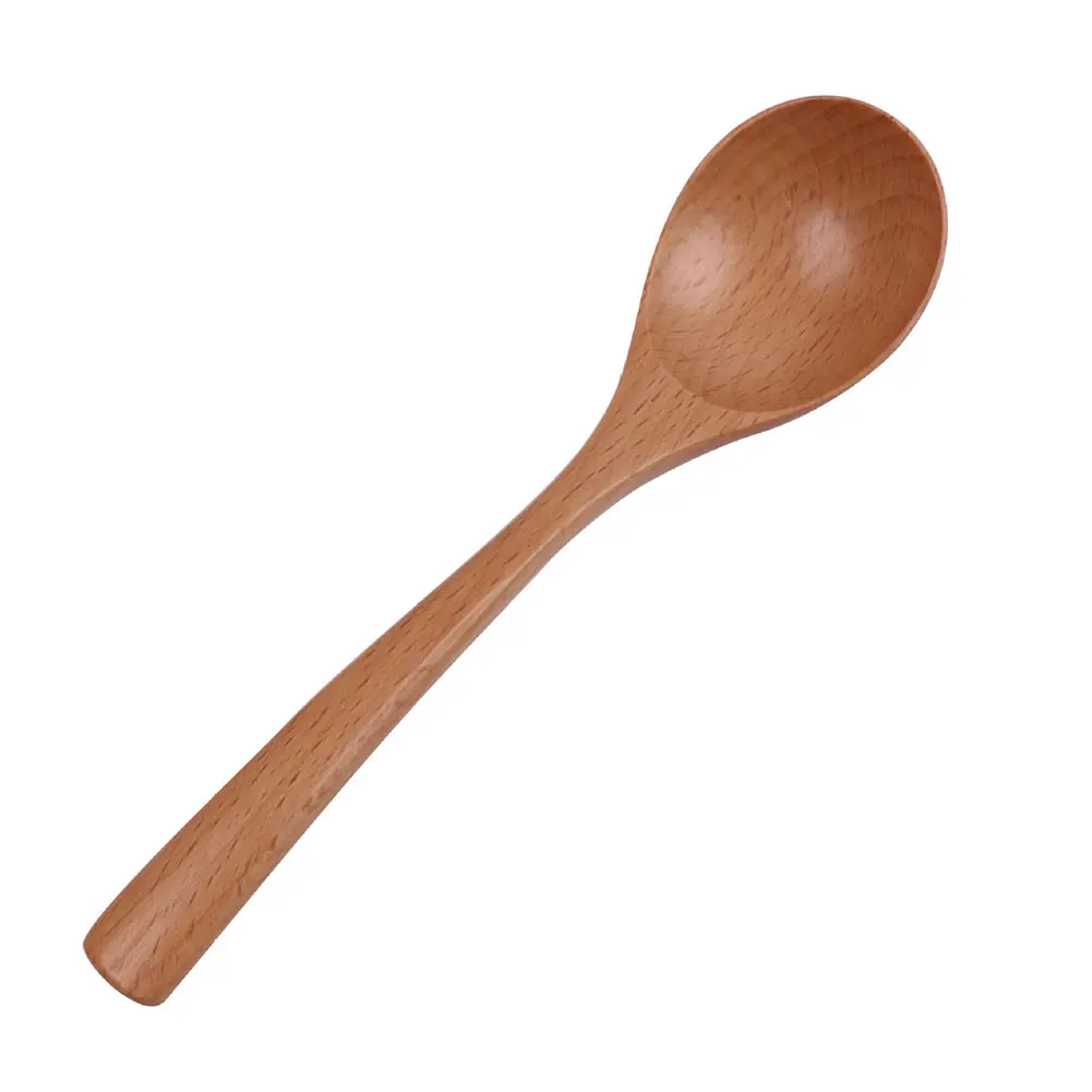 

18.5cm Cooking Dinner Large Rice Spoon Round Natural Wooden Tableware Long Handle Dessert Soup Kitchen Utensil