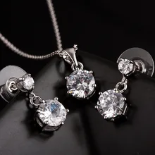 HIBRIDE Luxury Design Round Shape Clear Cubic Zirconia Pendant Necklace Earrings Gold Color Jewelry Sets Women