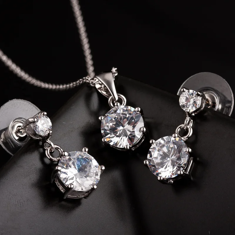 HIBRIDE font b Luxury b font Design Round Shape Clear Cubic Zirconia Pendant Necklace Earrings Gold