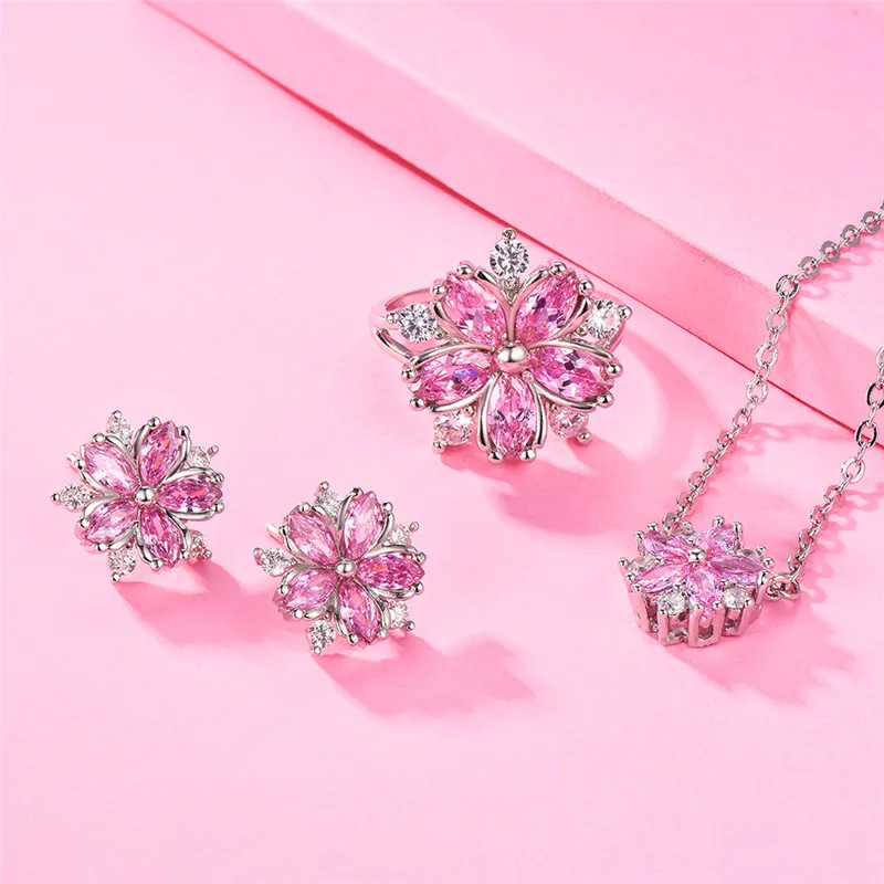 

Crystal Female Pink Sakura Flower Ring Earrings Necklace Jewelry Set Vintage Silver Color Chain Necklace Earrings Set