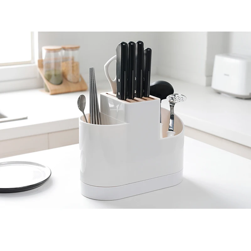 Plastic Wood Knife Holder White Forks Scissors Cutlery Multifunctional Storage Organizer Rack Kitchen Knife Block Accessories