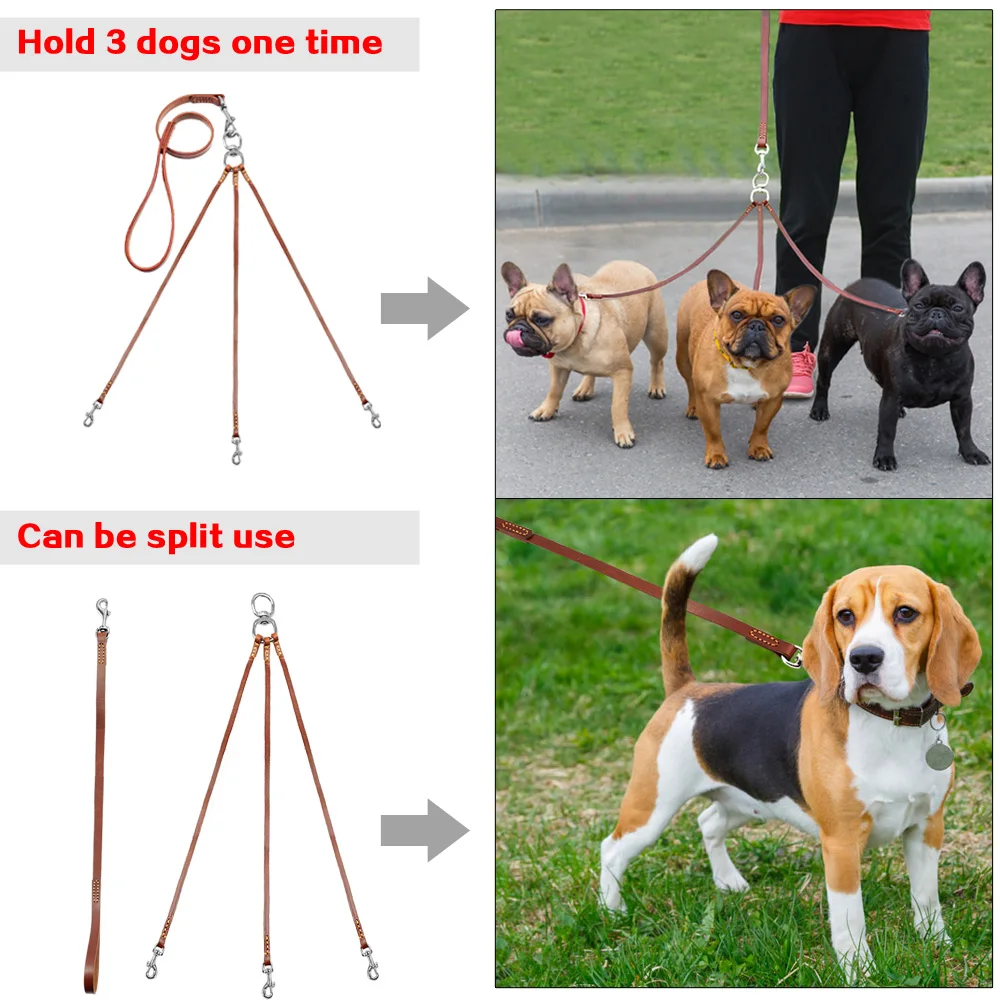 Трехполосная собачья сцепка для поводков для собак, не запутывается, кожаный тройной поводок для собак, поводок для прогулок 1 или 3 маленьких средних собак коричневого цвета