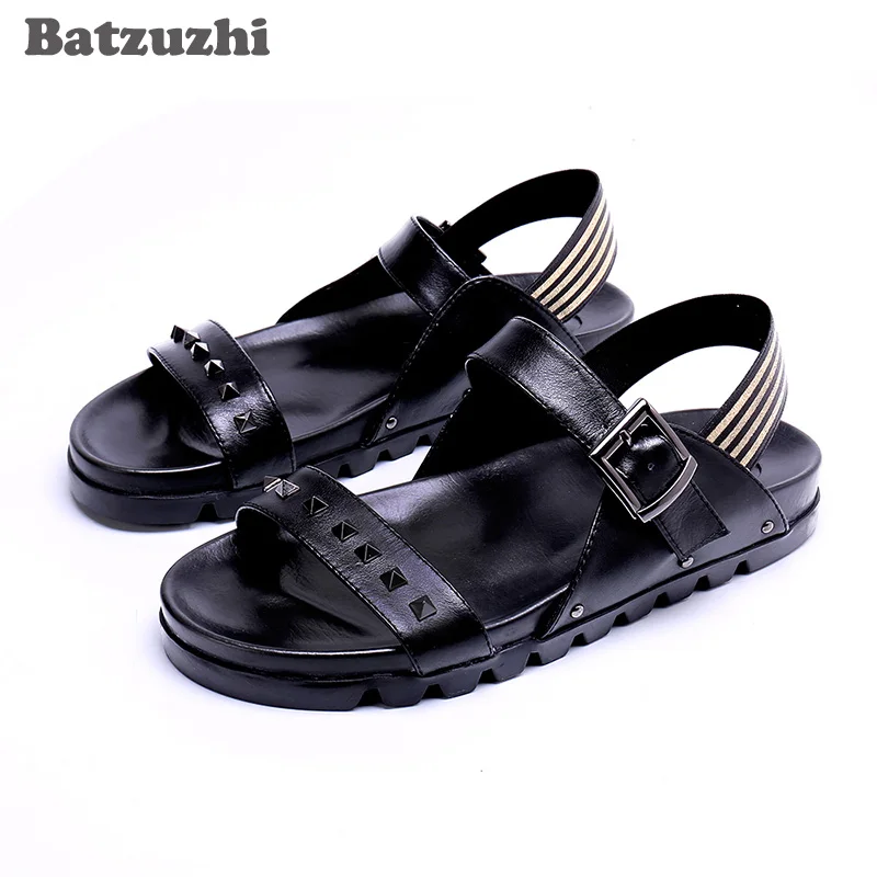 

2019 New Handmade Men's Sandal Shoes Soft Leather Sandalias Mujer Men Shoes Black/White Rivets Beach Sandals Summer Shoes Male