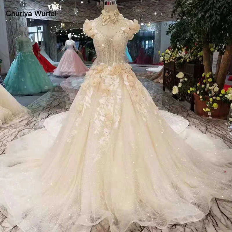 

LS11013 petal flowers wedding dress princess style high neck cap sleeves elegant bride dress long train 2019 latest new design